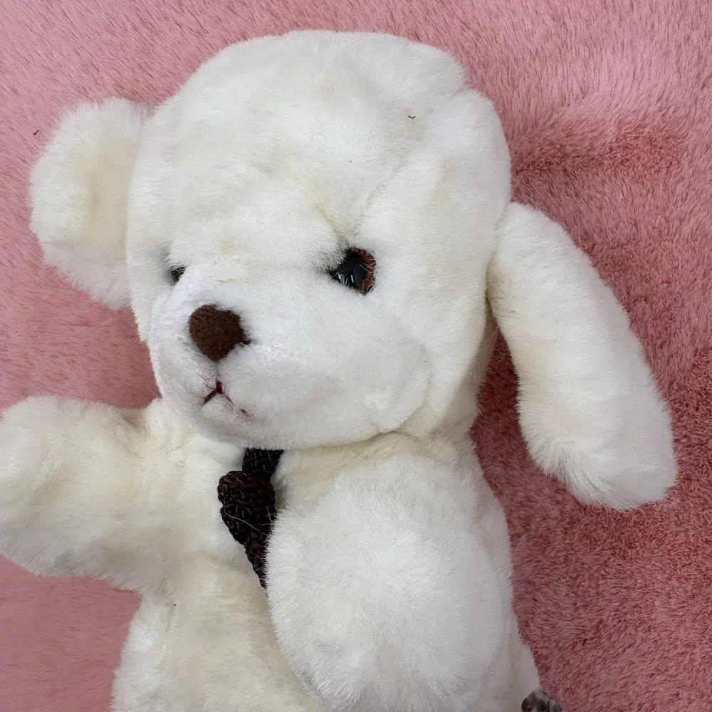 Gund 1982‎ White Baby Smooch Puppy Dog Rope Tie Rattle Plush Stuffed VTG 80s